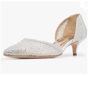 XYD Silver Pointed Toe D'Orsay Kitten Heel Rhinestone Studs Slip-On Pump